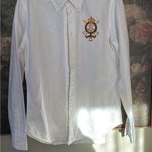 Ralph Lauren White Dress Shirt with Gold Embroidery Size 14 Cotton